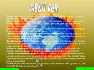 Fuente:  Muestra las distintas alternativas para cambiar o alterar el texto como el tipo de letra, estilo, tamaño, color etc.  Alineación:  Muestra las distintas opciones o características que se le quieran dar a un ubicación o colocación de un párrafo como justificado, alineado a la derecha, centrado, alineado a la izquierda. Interlineado:  Al hacer clic se abrirá una ventana con las alternativas para configurar la separación entre líneas o entre párrafos. Cambiar mayúsculas y minúsculas:  Muestra las alternativas que hay para que una frase o palabra seleccionada se coloque en minúsculas, mayúsculas o tipo oración, e inclusive el alternado de una con otra. Cambiar fuentes:  Abre una ventana la cual nos da las opción de que el tipo de letra selecciona sea cambiada por cualquier otra. Se debe seleccionar el texto o lo que se quiera cambiar de fuente. Diseño de diapositiva:  Al hacer clic se abrirá una ventana la cual nos dará las distintas opciones del tipo de diseño a escoger para cambiarla por la existente. Combinación de colores de la diapositiva:  Muestra las alternativas que se tienen para la aplicación del color ya sea de fondo, titulo, sombra, entre otras características, ya sea predeterminadas (estándar) o ya sea cualquier color que se escoja para cada una (personalizada) Fondo:  Muestra las alternativas que se tienen para cambiar el fondo, ya sea un color, un efecto de relleno o una imagen. MENU VER 