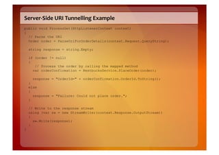 Server-­‐Side	
  URI	
  Tunnelling	
  Example	
  
public void ProcessGet(HttpListenerContext context)
{
  // Parse the URI
  Order order = ParseUriForOrderDetails(context.Request.QueryString);

    string response = string.Empty;

    if (order != null)
    {
       // Process the order by calling the mapped method
      var orderConfirmation = RestbucksService.PlaceOrder(order);

      response = "OrderId=" + orderConfirmation.OrderId.ToString();
    }
    else
    {
      response = "Failure: Could not place order.";
    }

    // Write to the response stream
    using (var sw = new StreamWriter(context.Response.OutputStream))
    {
      sw.Write(response);
    }
}
 