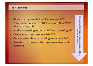 The	
  HTTP	
  Verbs	
  




                                                                                        Decreasing	
  likelihood	
  of	
  being	
  understood	
  by	
  a	
  
•  Retrieve	
  a	
  representation	
  of	
  a	
  resource:	
  GET	
  
•  Create	
  a	
  new	
  resource:	
  PUT	
  to	
  a	
  new	
  URI,	
  or	
  POST	
  
   to	
  an	
  existing	
  URI	
  




                                                                                                          Web	
  server	
  today	
  
•  Modify	
  an	
  existing	
  resource:	
  PUT	
  to	
  an	
  existing	
  URI	
  
•  Delete	
  an	
  existing	
  resource:	
  DELETE	
  
•  Get	
  metadata	
  about	
  an	
  existing	
  resource:	
  HEAD	
  
•  See	
  which	
  of	
  the	
  verbs	
  the	
  resource	
  understands:	
  
   OPTIONS	
  
 
