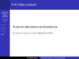 Tutorial 1: Differential equations: Variable Separable | PDF