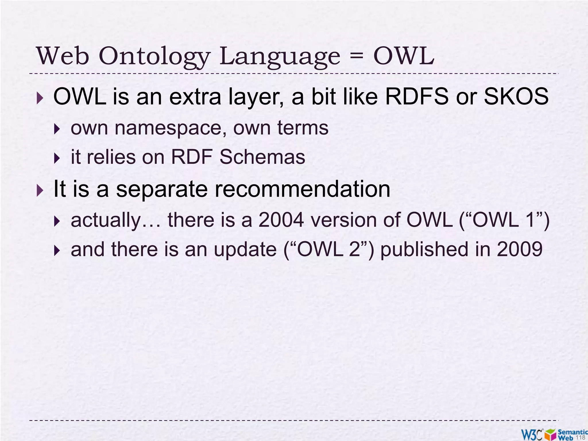 Importance of SKOSAnybody in the World can refer to common conceptsthey mean the same for everybodyApplications may exploit the relationships among conceptseg, SPARQL queries may be issued on the merge of the library data and the LOC terms