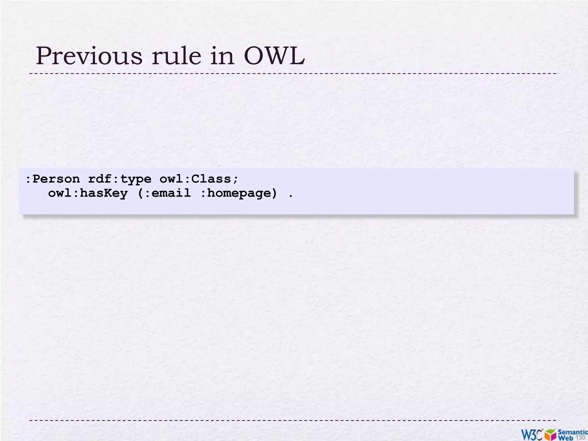 What this means is…If the following holds in our triples::email rdf:type owl:InverseFunctionalProperty. <A> :email "mailto:a@b.c".<B> :email "mailto:a@b.c".