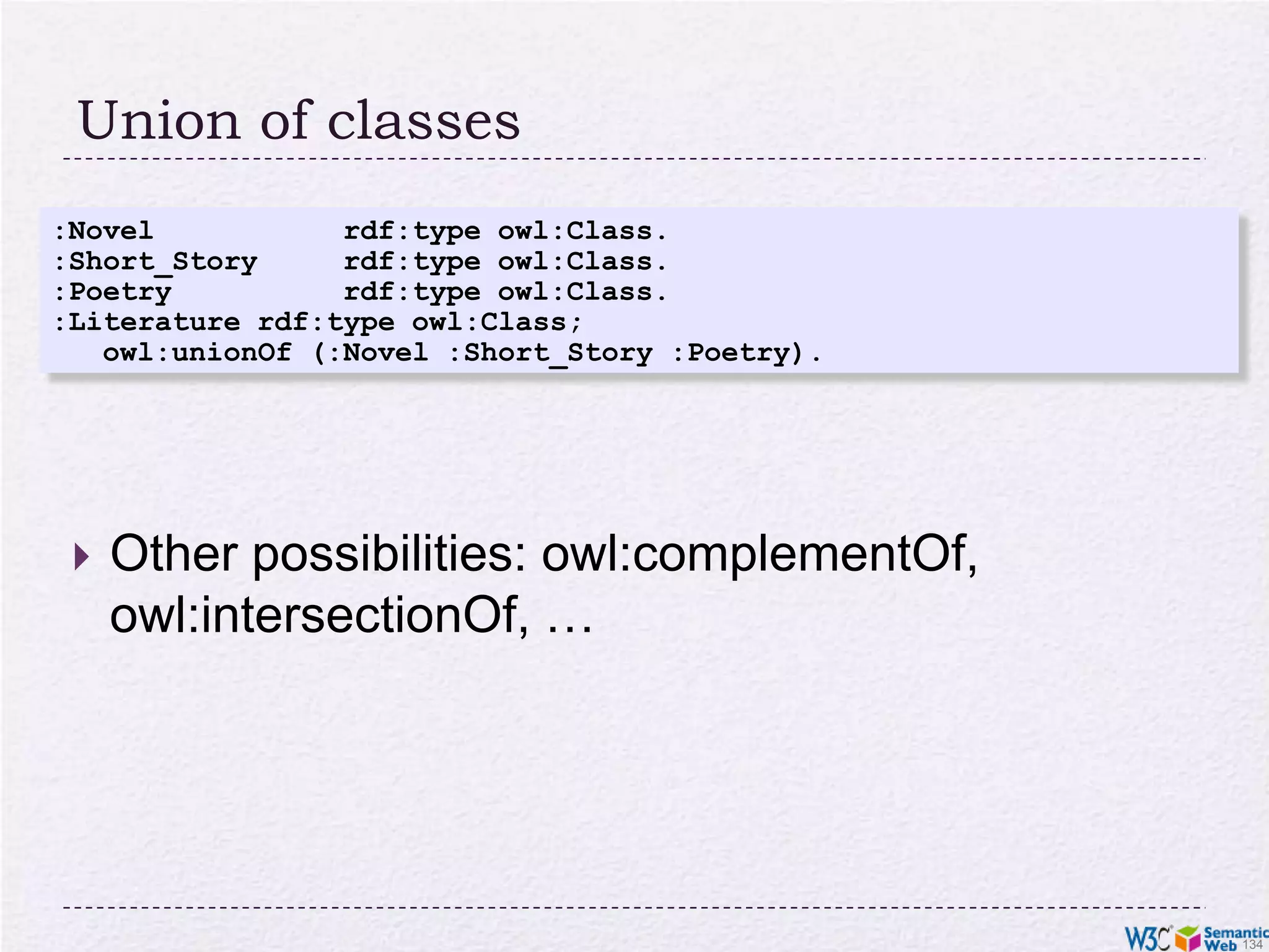 Previous rule in OWL:Person rdf:type owl:Class; owl:hasKey (:email :homepage) .