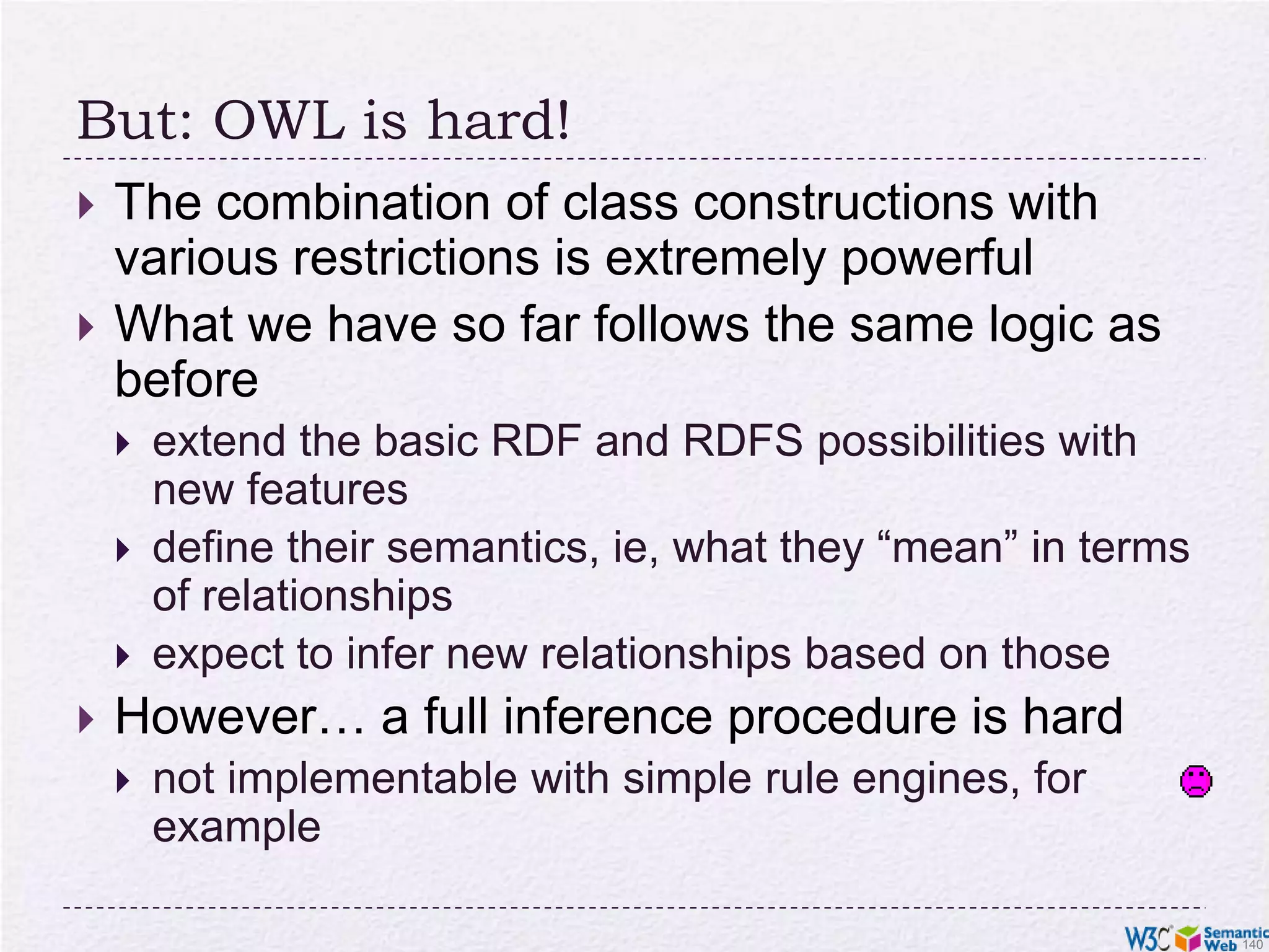 It can be a bit more complicated…If::Novel rdf:type owl:Class.:Short_Story rdf:type owl:Class.:Poetry rdf:type owl:Class.:Literature rdf:type owlClass; owl:unionOf (:Novel :Short_Story :Poetry).fr:Roman owl:equivalentClass :Novel .<myWork> rdf:type fr:Roman .then, through the combination of different terms, the following still holds:<myWork> rdf:type :Literature .