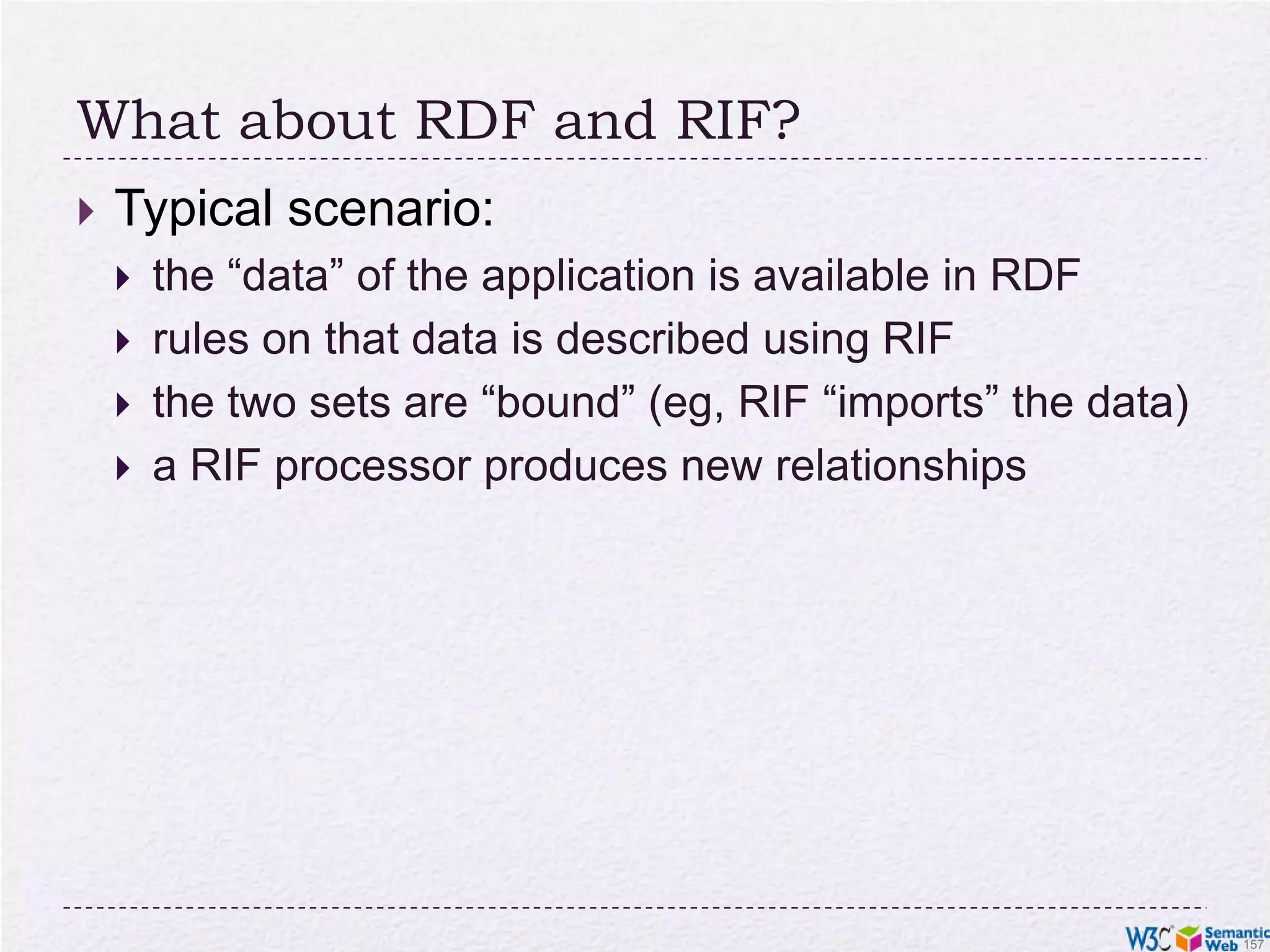 RIF Core exampleDocument( Prefix(cpt http://example.com/concepts#) Prefix(person http://example.com/people#) Prefix(isbn http://…/isbn/) Group ( Forall ?Buyer ?Book ?Seller ( cpt:buy(?Buyer ?Book ?Seller):- cpt:sell(?Seller ?Book ?Buyer) ) cpt:sell(person:John isbn:000651409X person:Mary) ))This infers the following relationship:cpt:buy(person:Mary isbn:000651409X person:John)