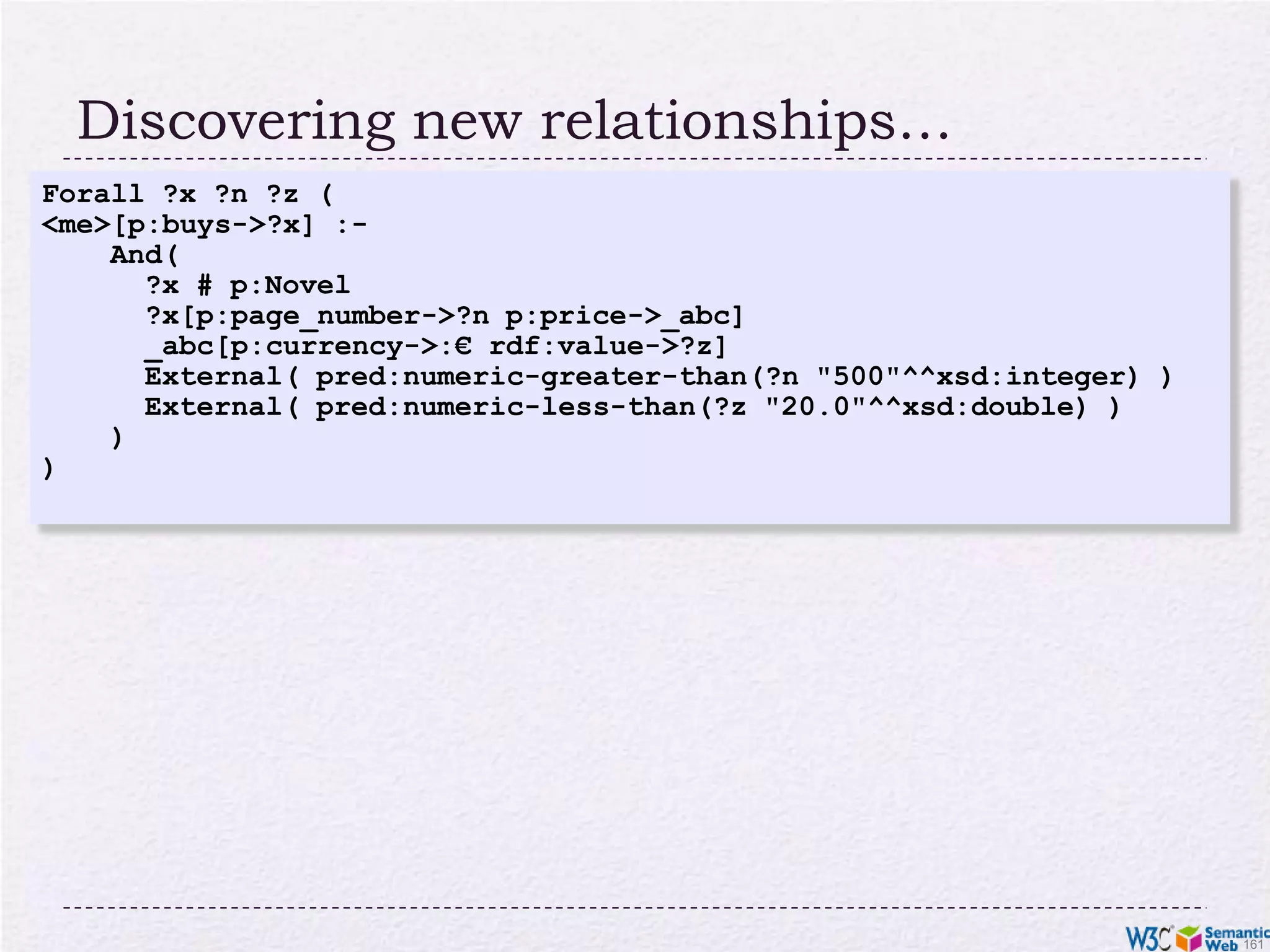 What about RDF and RIF?Typical scenario:the “data” of the application is available in RDFrules on that data is described using RIFthe two sets are “bound” (eg, RIF “imports” the data)a RIF processor produces new relationships