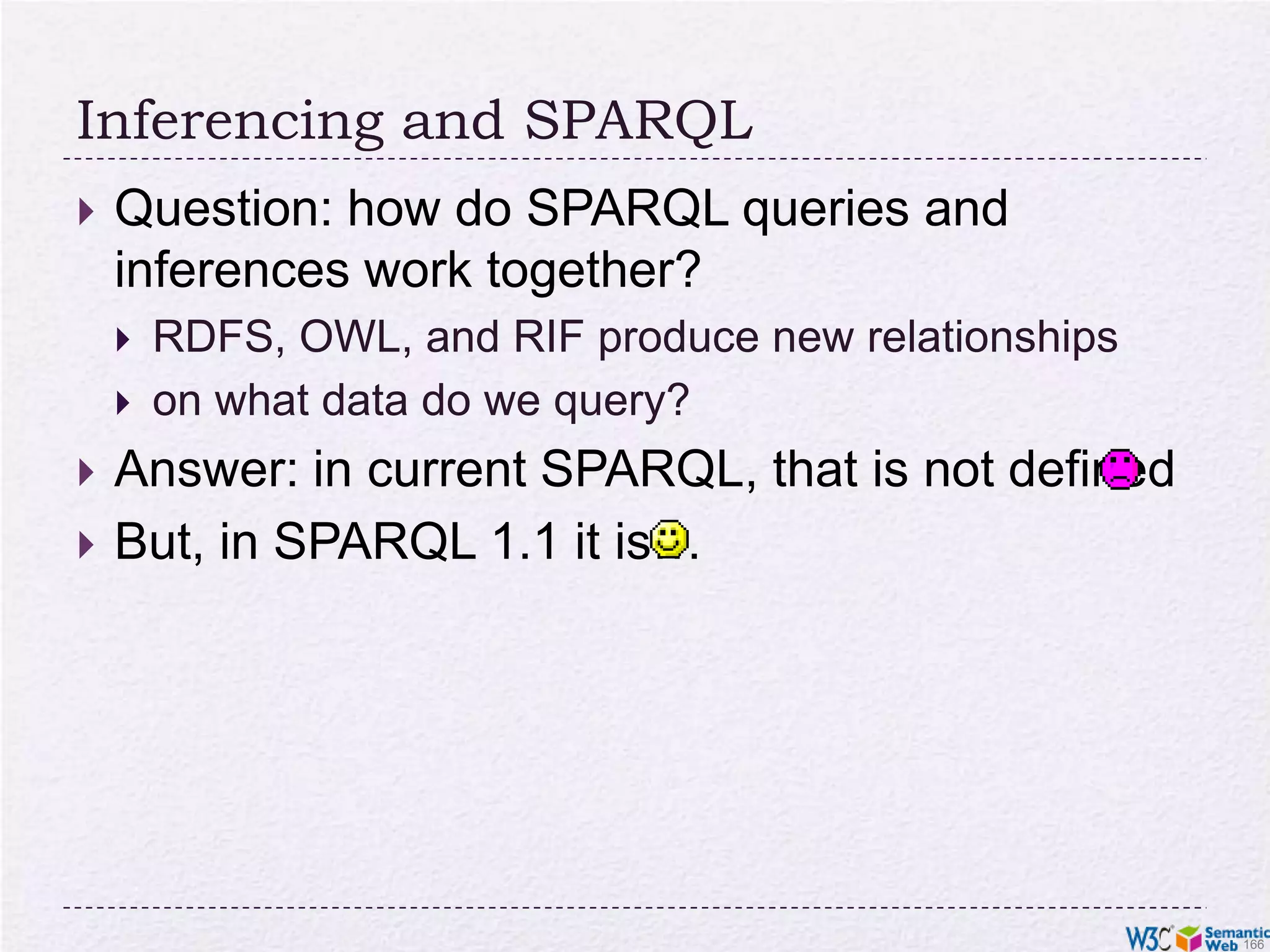 Discovering new relationships…Forall ?x ?n ?z ( <me>[p:buys->?x] :- And( ?x # p:Novel ?x[p:page_number->?n p:price->_abc] _abc[p:currency->:€ rdf:value->?z] External( pred:numeric-greater-than(?n "500"^^xsd:integer) ) External( pred:numeric-less-than(?z "20.0"^^xsd:double) ) ))combined with:<http://…/isbn/…> a p:Novel; p:page_number "600"^^xsd:integer ; p:price [ rdf:value "15.0"^^xsd:double ; p:currency :€ ] .