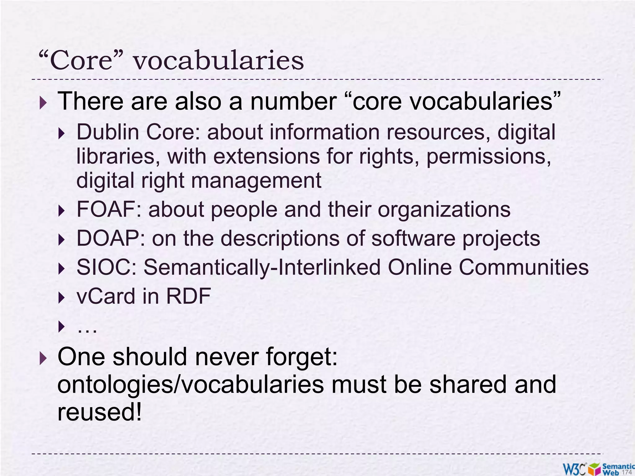Same with what we learnedSPARQL,Inferences…ApplicationsRDB  RDF,GRDL, RDFa,…Data represented in RDF with extra knowledge (RDFS, SKOS, RIF, OWL,…)Data in various formats