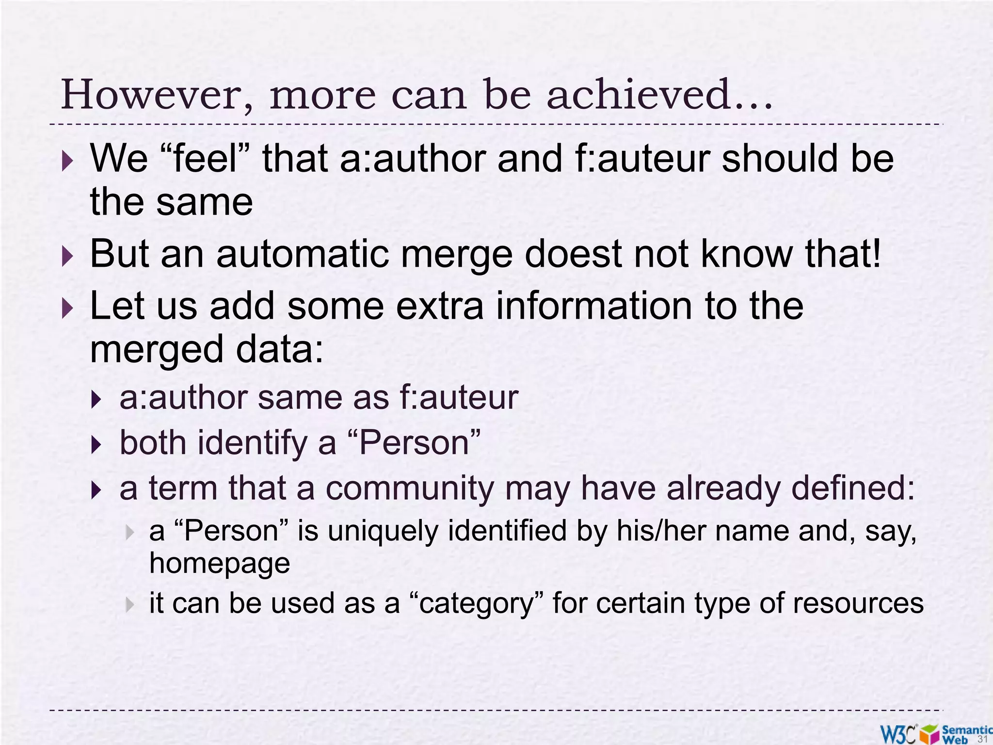 However, more can be achieved…We “feel” that a:author and f:auteur should be the sameBut an automatic merge doest not know that!Let us add some extra information to the merged data:a:author same as f:auteurboth identify a “Person”a term that a community may have already defined:a “Person” is uniquely identified by his/her name and, say, homepageit can be used as a “category” for certain type of resources