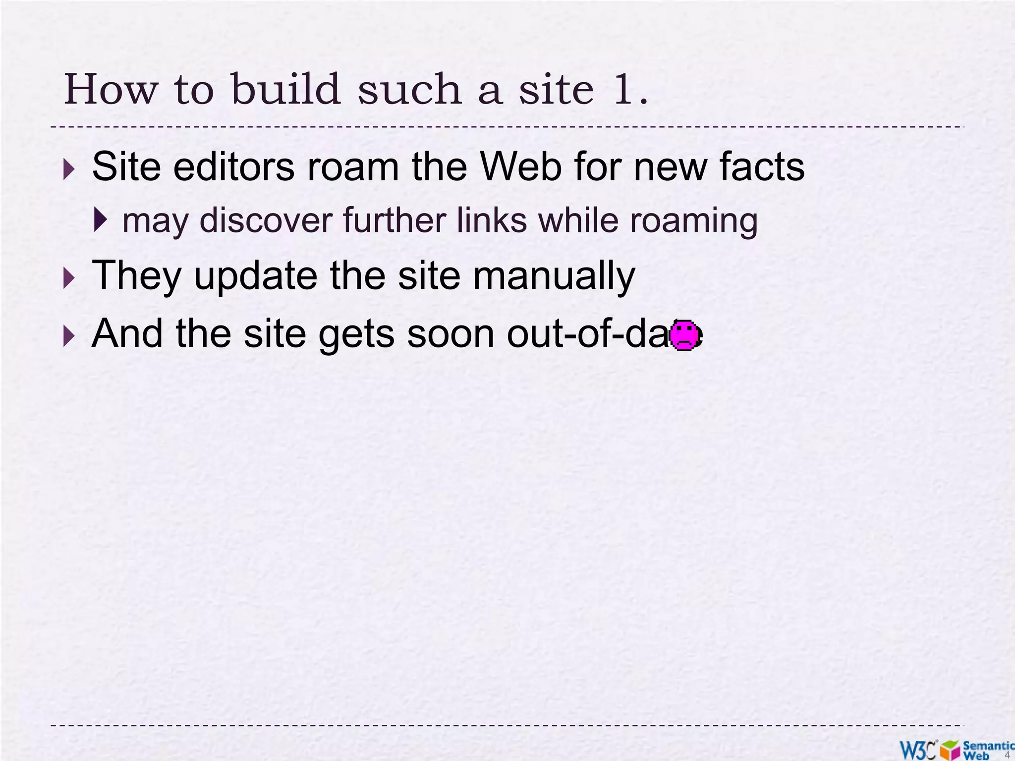 How to build such a site 1.Site editors roam the Web for new factsmay discover further links while roaming They update the site manuallyAnd the site gets soon out-of-date 