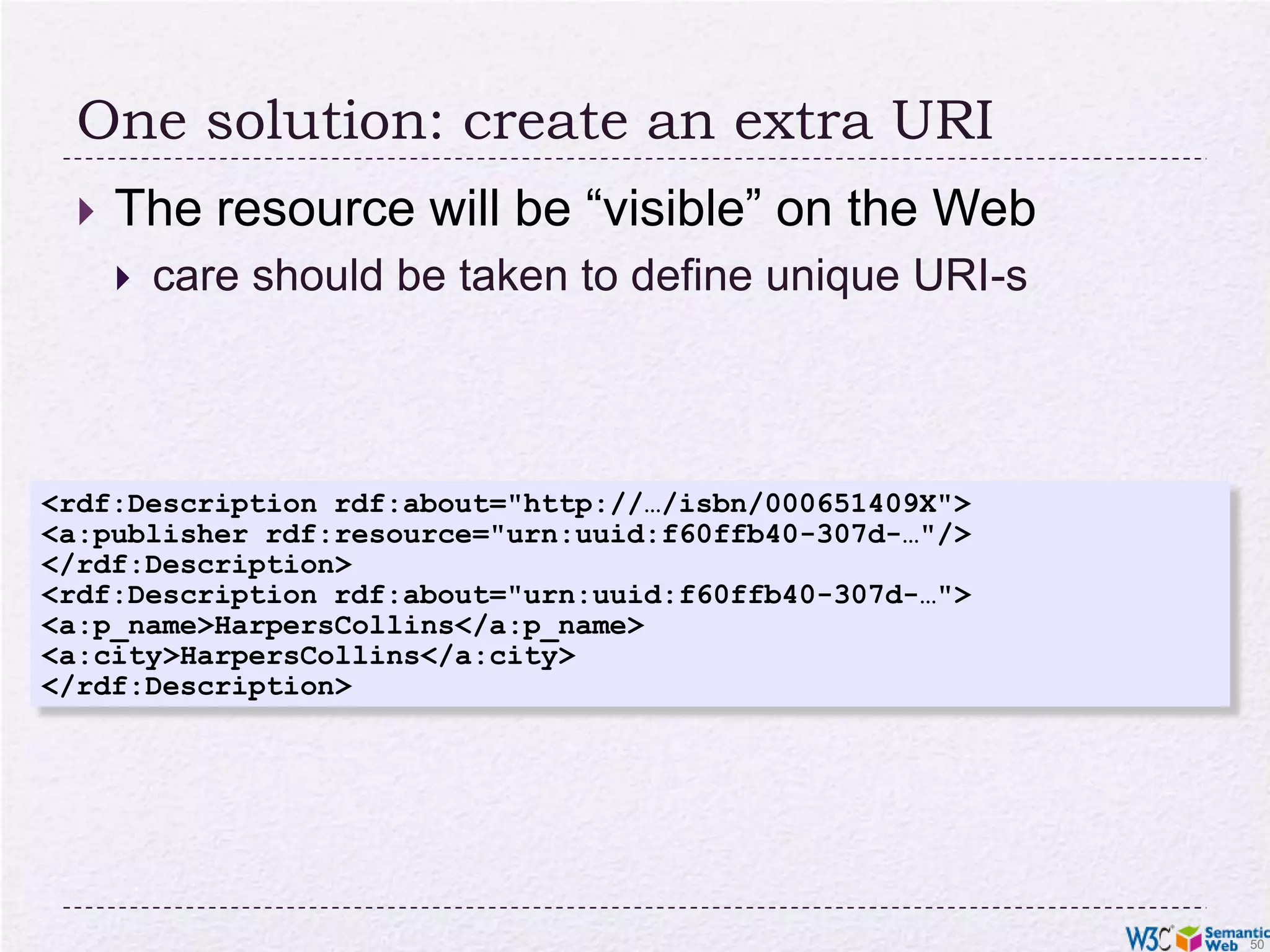 One solution: create an extra URIThe resource will be “visible” on the Webcare should be taken to define unique URI-s<rdf:Description rdf:about="http://…/isbn/000651409X"> <a:publisher rdf:resource="urn:uuid:f60ffb40-307d-…"/></rdf:Description><rdf:Description rdf:about="urn:uuid:f60ffb40-307d-…"> <a:p_name>HarpersCollins</a:p_name> <a:city>HarpersCollins</a:city></rdf:Description>