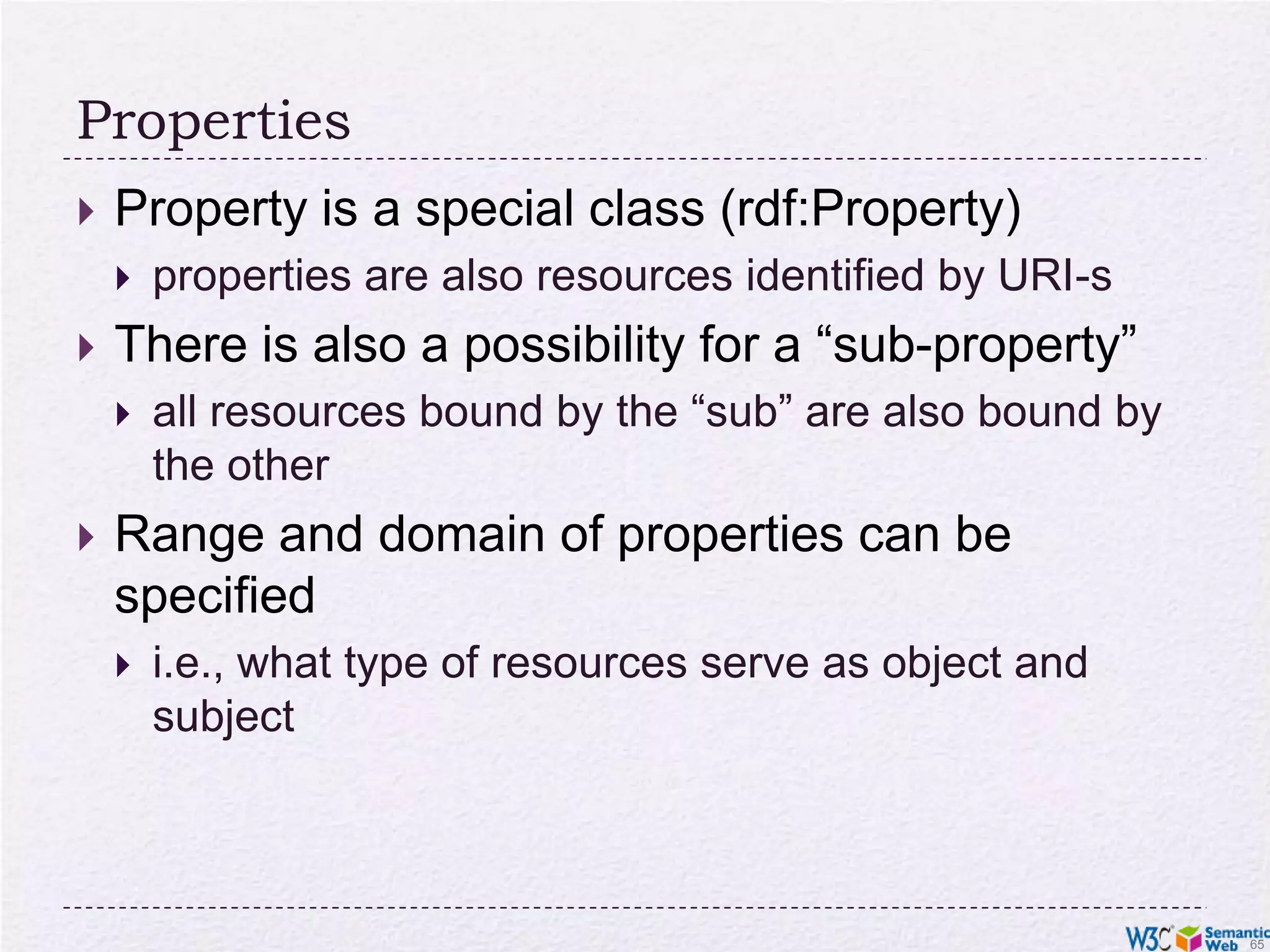 Inferred properties#Fictionrdf:typerdf:subClassOfrdf:type#Novelhttp://…isbn/000651409X(<http://…/isbn/000651409X> rdf:type #Fiction)is not in the original RDF data……but can be inferred from the RDFS rulesRDFS environments return that triple, too