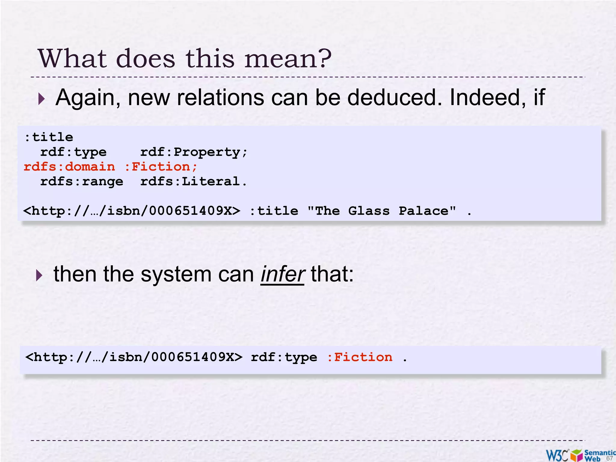 PropertiesProperty is a special class (rdf:Property)properties are also resources identified by URI-sThere is also a possibility for a “sub-property”all resources bound by the “sub” are also bound by the otherRange and domain of properties can be specifiedi.e., what type of resources serve as object and subject