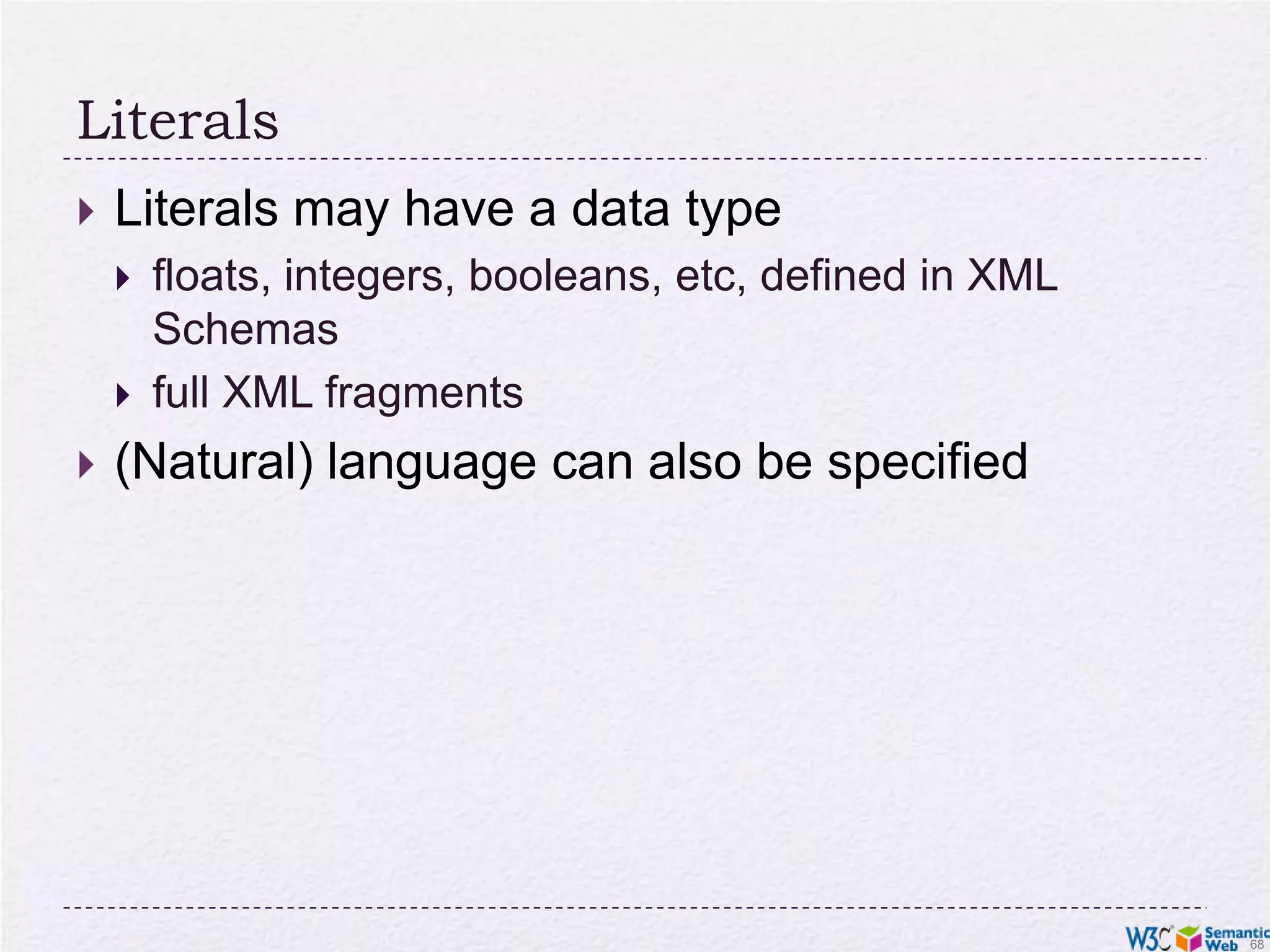 Example for property characterization:title rdf:type rdf:Property; rdfs:domain :Fiction; rdfs:range rdfs:Literal.
