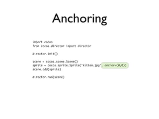 Anchoring
import cocos
from cocos.director import director

director.init()

scene = cocos.scene.Scene()
sprite = cocos.sprite.Sprite('kitten.jpg', anchor=(0,0))
scene.add(sprite)

director.run(scene)
 