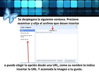 Se desplegara la siguiente ventana. Presione
examinar y elija el archivo que desee insertar
o puede elegir la opción desde una URL, como su nombre lo indica
insertar la URL. Y acomoda la imagen a tu gusto.
 