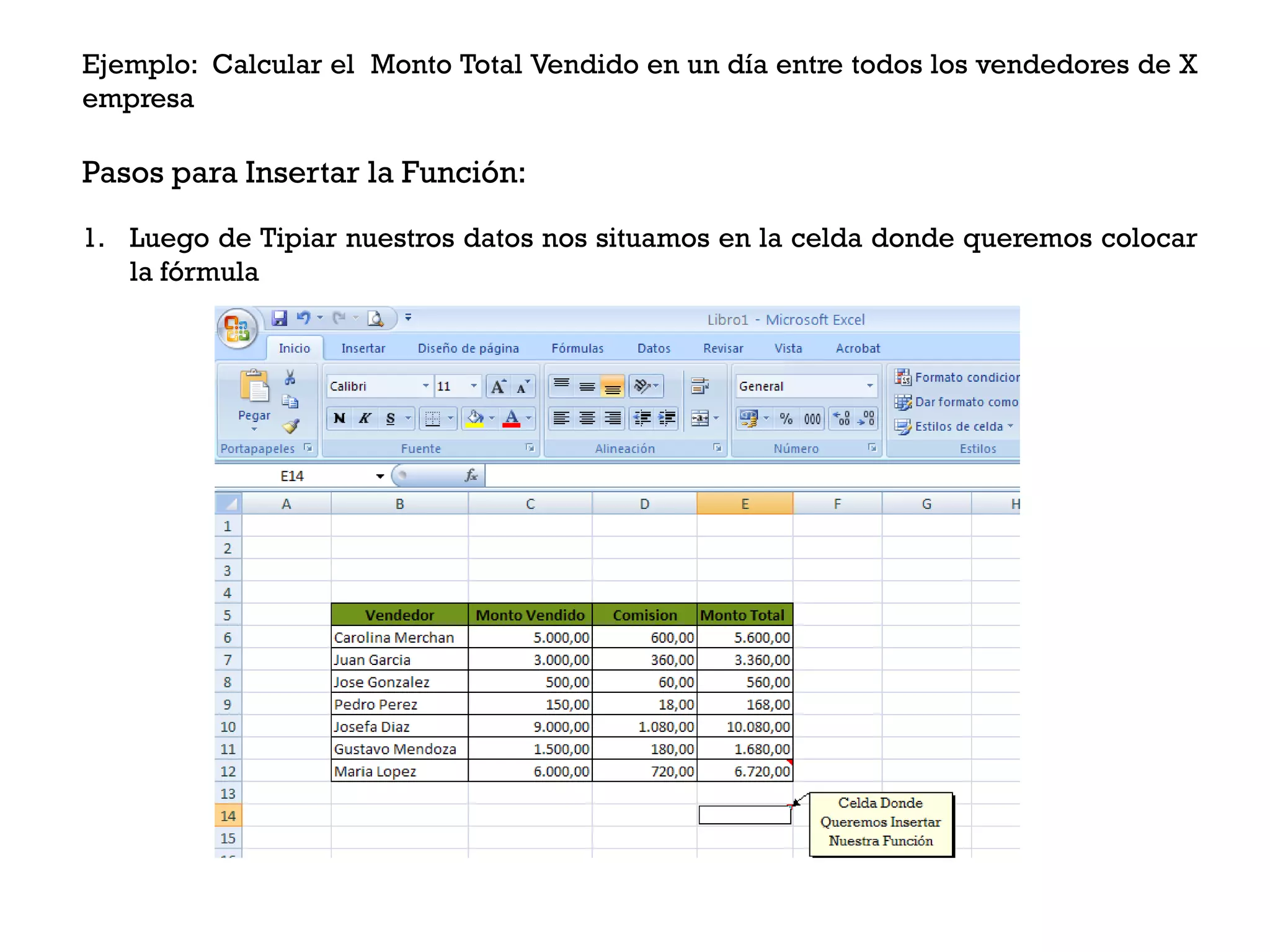 Ejemplo: Calcular el Monto Total Vendido en un día entre todos los vendedores de X
empresa

Pasos para Insertar la Función:

1. Luego de Tipiar nuestros datos nos situamos en la celda donde queremos colocar
   la fórmula
 