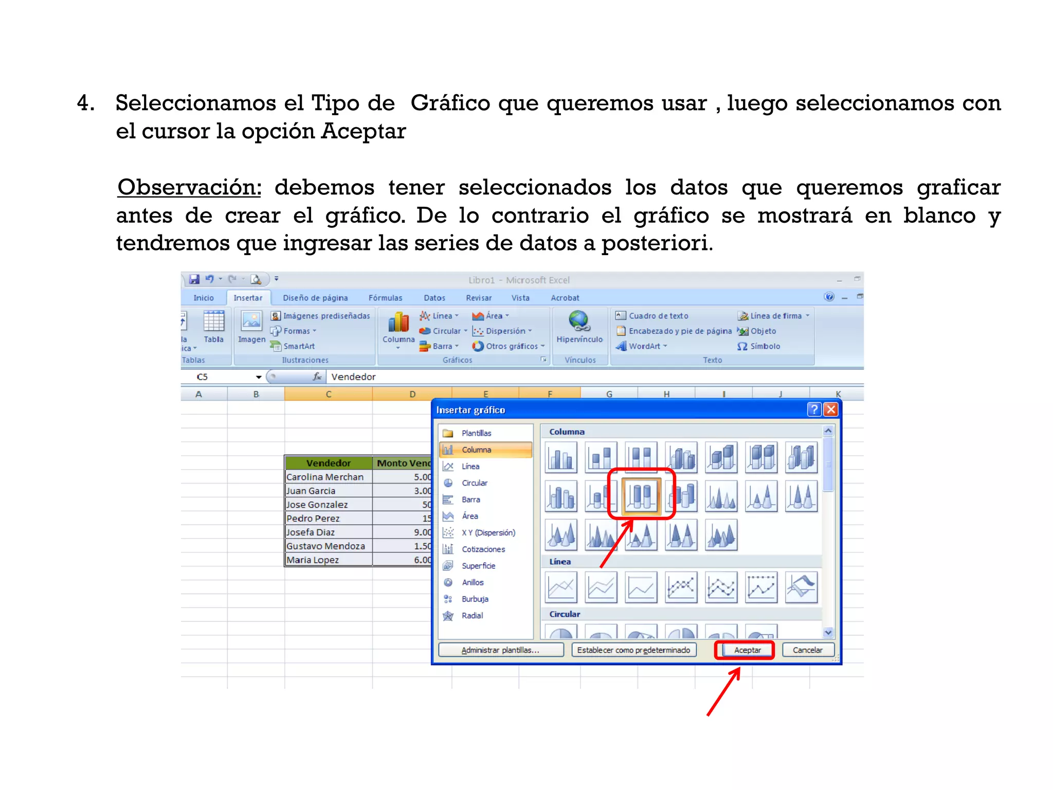 4. Seleccionamos el Tipo de Gráfico que queremos usar , luego seleccionamos con
   el cursor la opción Aceptar

   Observación: debemos tener seleccionados los datos que queremos graficar
   antes de crear el gráfico. De lo contrario el gráfico se mostrará en blanco y
   tendremos que ingresar las series de datos a posteriori.
 