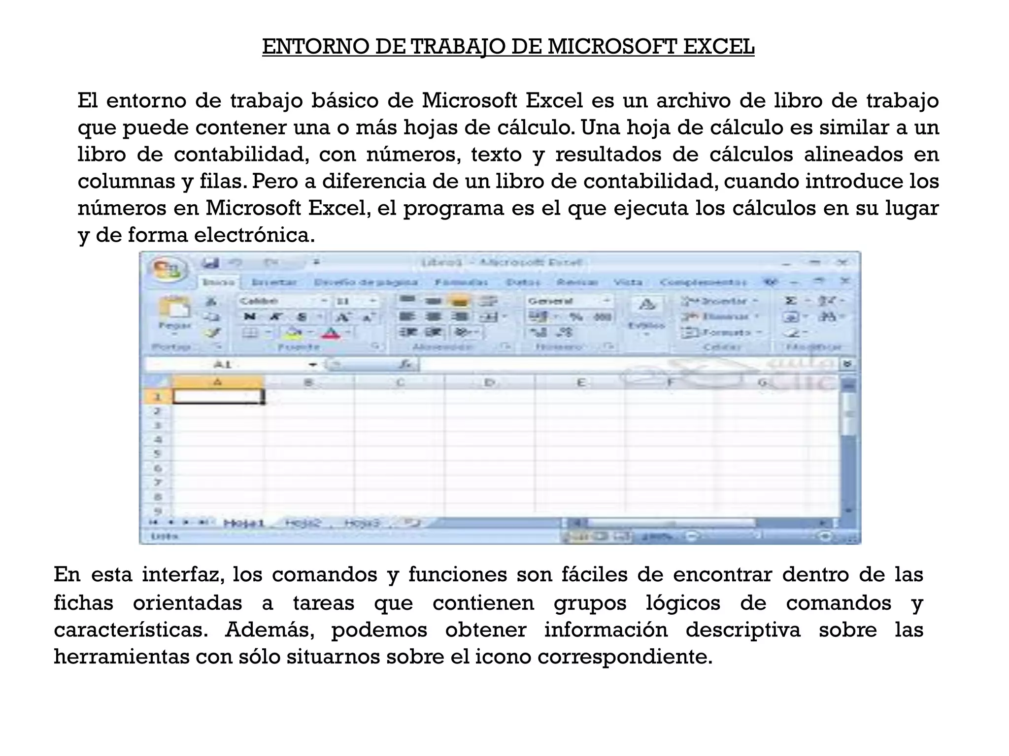 ENTORNO DE TRABAJO DE MICROSOFT EXCEL

  El entorno de trabajo básico de Microsoft Excel es un archivo de libro de trabajo
  que puede contener una o más hojas de cálculo. Una hoja de cálculo es similar a un
  libro de contabilidad, con números, texto y resultados de cálculos alineados en
  columnas y filas. Pero a diferencia de un libro de contabilidad, cuando introduce los
  números en Microsoft Excel, el programa es el que ejecuta los cálculos en su lugar
  y de forma electrónica.




En esta interfaz, los comandos y funciones son fáciles de encontrar dentro de las
fichas orientadas a tareas que contienen grupos lógicos de comandos y
características. Además, podemos obtener información descriptiva sobre las
herramientas con sólo situarnos sobre el icono correspondiente.
 