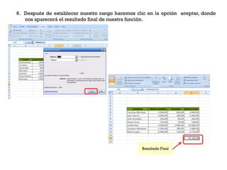 6. Después de establecer nuestro rango hacemos clic en la opción aceptar, donde
   nos aparecerá el resultado final de nuestra función.




                                                 Resultado Final
 