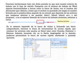 Conviene familiarizarse bien con dicha pantalla ya que será nuestro entorno de
trabajo con la hoja de cálculo. Comparte con el entorno de trabajo de Word
algunas funcionalidades y barras como la barra de títulos, con el nombre del
documento (por defecto, y hasta que el archivo es guardado nos asigna el nombre
formado por la palabra Libro, seguido de un número que depende de los archivos
que tengamos abiertos y sin guardar: Libro1, Libro2, Libro3, etc.) y del
programa, y en el extremo derecho de la barra los botones minimizar, restaurar y
cerrar
                                                          Nombre del Libro


En el extremo izquierdo de la barra de títulos y, formando una barra
independiente, tenemos la barra de herramientas de acceso rápido, que
contiene las acciones más usuales en Excel tales como Guardar, Deshacer o
Rehacer. Además, haciendo clic en la flecha desplegable de la derecha
podemos personalizar la barra de acceso rápido, añadiendo y quitando
opciones.
 