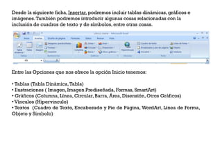 Desde la siguiente ficha, Insertar, podremos incluir tablas dinámicas, gráficos e
imágenes. También podremos introducir algunas cosas relacionadas con la
inclusión de cuadros de texto y de símbolos, entre otras cosas.




Entre las Opciones que nos ofrece la opción Inicio tenemos:

• Tablas (Tabla Dinámica, Tabla)
• Ilustraciones ( Imagen, Imagen Prediseñada, Formas, SmartArt)
• Gráficos (Columna, Línea, Circular, Barra, Área, Disensión, Otros Gráficos)
• Vínculos (Hipervinculo)
• Textos (Cuadro de Texto, Encabezado y Pie de Página, WordArt, Línea de Forma,
Objeto y Simbolo)
 