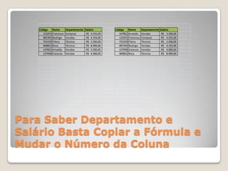 Código   Nome        Departamento   Salário        Código   Nome        Departamento Salário
      123255 Francisco   Compras         R$ 4.555,00     147852 Arnaldo     Vendas        R$ 3.500,00
      487295 Rodrigo     Vendas          R$ 4.333,00     123255 Francisco   Compras       R$ 4.555,00
      753159 Flávia      Técnico         R$ 2.500,00     753159 Flávia      Técnico       R$ 2.500,00
      369852 Rosa        Técnico         R$ 8.999,00     487295 Rodrigo     Vendas        R$ 4.333,00
      147852 Arnaldo     Vendas          R$ 3.500,00     137958 Vanessa     Vendas        R$ 4.000,00
      137958 Vanessa     Vendas          R$ 4.000,00     369852 Rosa        Técnico       R$ 8.999,00




Para Saber Departamento e
Salário Basta Copiar a Fórmula e
Mudar o Número da Coluna
 