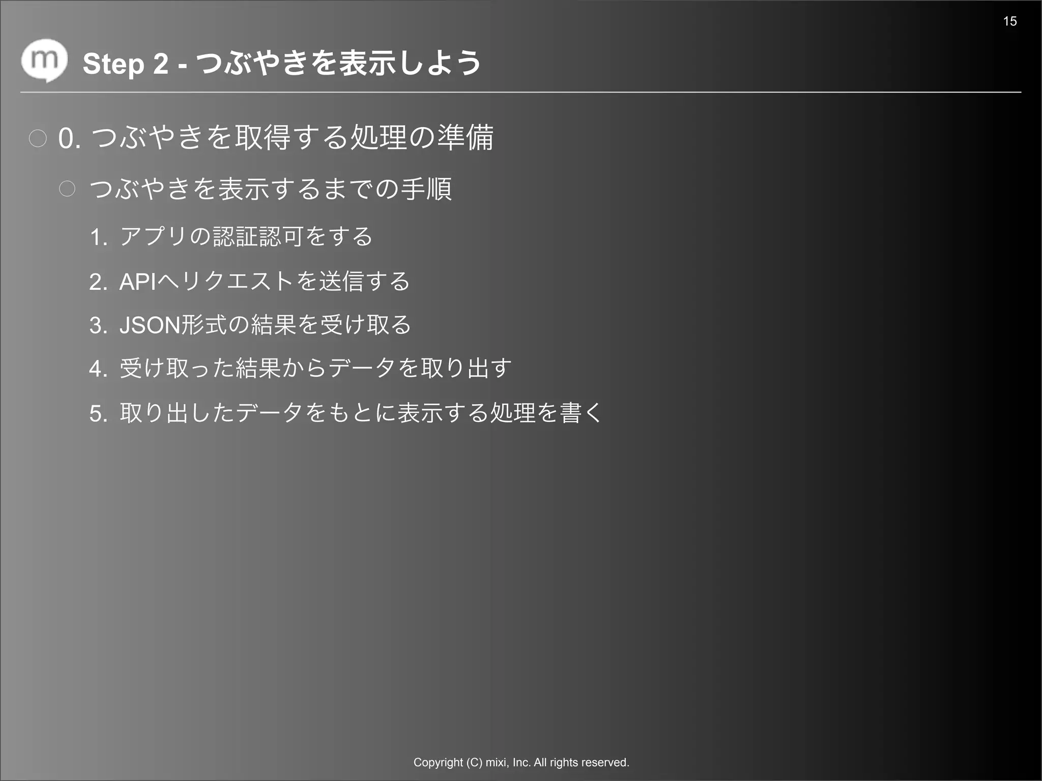 15


     Step 2 -

0.


     1.
     2. API
     3. JSON
     4.
     5.




                Copyright (C) mixi, Inc. All rights reserved.
 