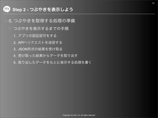 15


     Step 2 -

0.


     1.
     2. API
     3. JSON
     4.
     5.




                Copyright (C) mixi, Inc. All rights reserved.
 
