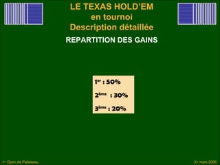 LE TEXAS HOLD’EM
                            en tournoi
                        Description détaillée
                        REPARTITION DES GAINS




                              1er : 50%
                              2ème : 30%
                              3ème : 20%




1er Open de Palaiseau                           31 mars 2006
 