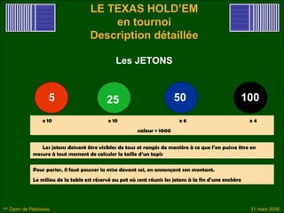LE TEXAS HOLD’EM
                                         en tournoi
                                     Description détaillée

                                                Les JETONS


                    5                       25                           50                          100
                 x 10                        x 10                          x6                            x4
                                                         valeur = 1000


                Les jetons doivent être visibles de tous et rangés de manière à ce que l’on puisse être en
             mesure à tout moment de calculer la taille d’un tapis

             Pour parier, il faut pousser la mise devant soi, en annonçant son montant.
             Le milieu de la table est réservé au pot où sont réunis les jetons à la fin d’une enchère




1er Open de Palaiseau                                                                                    31 mars 2006
 
