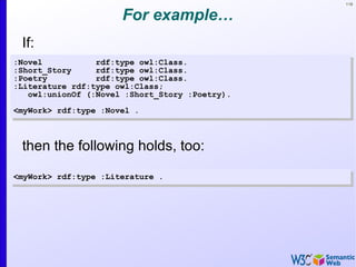 119


                      For example…
 If:
:Novel           rdf:type owl:Class.
:Short_Story     rdf:type owl:Class.
:Poetry          rdf:type owl:Class.
:Literature rdf:type owl:Class;
   owl:unionOf (:Novel :Short_Story :Poetry).
<myWork> rdf:type :Novel .



 then the following holds, too:

<myWork> rdf:type :Literature .
 