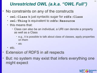 133


        Unrestricted OWL (a.k.a. “OWL Full”)
•
    No constraints on any of the constructs
    •
        owl:Class is just syntactic sugar for rdfs:Class
    •
        owl:Thing is equivalent to rdfs:Resource
    •
        this means that:
         •
             Class can also be an individual, a URI can denote a property
             as well as a Class
               •
                   e.g., it is possible to talk about class of classes, apply properties
                   on them
               •
                   etc
    •
        etc.
•
    Extension of RDFS in all respects
•
    But: no system may exist that infers everything one
    might expect
 