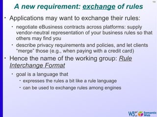 153


        A new requirement: exchange of rules
•
    Applications may want to exchange their rules:
    •
        negotiate eBusiness contracts across platforms: supply
        vendor-neutral representation of your business rules so that
        others may find you
    •
        describe privacy requirements and policies, and let clients
        “merge” those (e.g., when paying with a credit card)
•
    Hence the name of the working group: Rule
    Interchange Format
    •
        goal is a language that
         •
             expresses the rules a bit like a rule language
         •
             can be used to exchange rules among engines
 