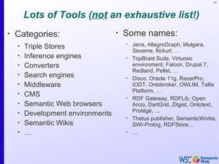 181




        Lots of Tools (not an exhaustive list!)
•
    Categories:                    •
                                       Some names:
    •
        Triple Stores
                                       •
                                           Jena, AllegroGraph, Mulgara,
                                           Sesame, flickurl, …
    •
        Inference engines              •
                                           TopBraid Suite, Virtuoso
    •
        Converters                         environment, Falcon, Drupal 7,
                                           Redland, Pellet, …
    •
        Search engines                 •
                                           Disco, Oracle 11g, RacerPro,
    •
        Middleware                         IODT, Ontobroker, OWLIM, Tallis
                                           Platform, …
    •
        CMS                            •
                                           RDF Gateway, RDFLib, Open
    •
        Semantic Web browsers              Anzo, DartGrid, Zitgist, Ontotext,
                                           Protégé, …
    •
        Development environments       •
                                           Thetus publisher, SemanticWorks,
    •
        Semantic Wikis                     SWI-Prolog, RDFStore…
    •
        …                              •
                                           …
 
