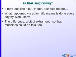 31


                  Is that surprising?
•
    It may look like it but, in fact, it should not be…
•
    What happened via automatic means is done every
    day by Web users!
•
    The difference: a bit of extra rigour so that
    machines could do this, too
 