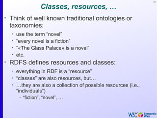 52


                      Classes, resources, …
•
    Think of well known traditional ontologies or
    taxonomies:
    •
        use the term “novel”
    •
        “every novel is a fiction”
    •
        “«The Glass Palace» is a novel”
    •
        etc.
•
    RDFS defines resources and classes:
    •
        everything in RDF is a “resource”
    •
        “classes” are also resources, but…
    •
        …they are also a collection of possible resources (i.e.,
        “individuals”)
         •
             “fiction”, “novel”, …
 