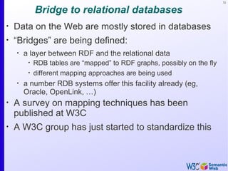 72


             Bridge to relational databases
•
    Data on the Web are mostly stored in databases
•
    “Bridges” are being defined:
    •
        a layer between RDF and the relational data
         •
             RDB tables are “mapped” to RDF graphs, possibly on the fly
         •
             different mapping approaches are being used
    •
        a number RDB systems offer this facility already (eg,
        Oracle, OpenLink, …)
•
    A survey on mapping techniques has been
    published at W3C
•
    A W3C group has just started to standardize this
 