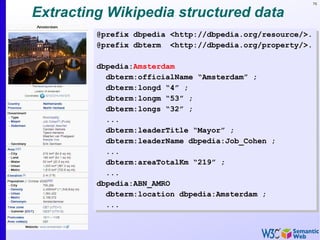 76


Extracting Wikipedia structured data
         @prefix dbpedia <http://dbpedia.org/resource/>.
         @prefix dbterm <http://dbpedia.org/property/>.

         dbpedia:Amsterdam
           dbterm:officialName “Amsterdam” ;
           dbterm:longd “4” ;
           dbterm:longm “53” ;
           dbterm:longs “32” ;
           ...
           dbterm:leaderTitle “Mayor” ;
           dbterm:leaderName dbpedia:Job_Cohen ;
           ...
           dbterm:areaTotalKm “219” ;
           ...
         dbpedia:ABN_AMRO
           dbterm:location dbpedia:Amsterdam ;
           ...
 