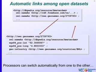 77


    Automatic links among open datasets
      <http://dbpedia.org/resource/Amsterdam>
        owl:sameAs <http://rdf.freebase.com/ns/...> ;
        owl:sameAs <http://sws.geonames.org/2759793> ;
        ...




  <http://sws.geonames.org/2759793>
    owl:sameAs <http://dbpedia.org/resource/Amsterdam>
    wgs84_pos:lat “52.3666667” ;
    wgs84_pos:long “4.8833333” ;
    geo:inCountry <http://www.geonames.org/countries/#NL> ;
   ...




Processors can switch automatically from one to the other…
 
