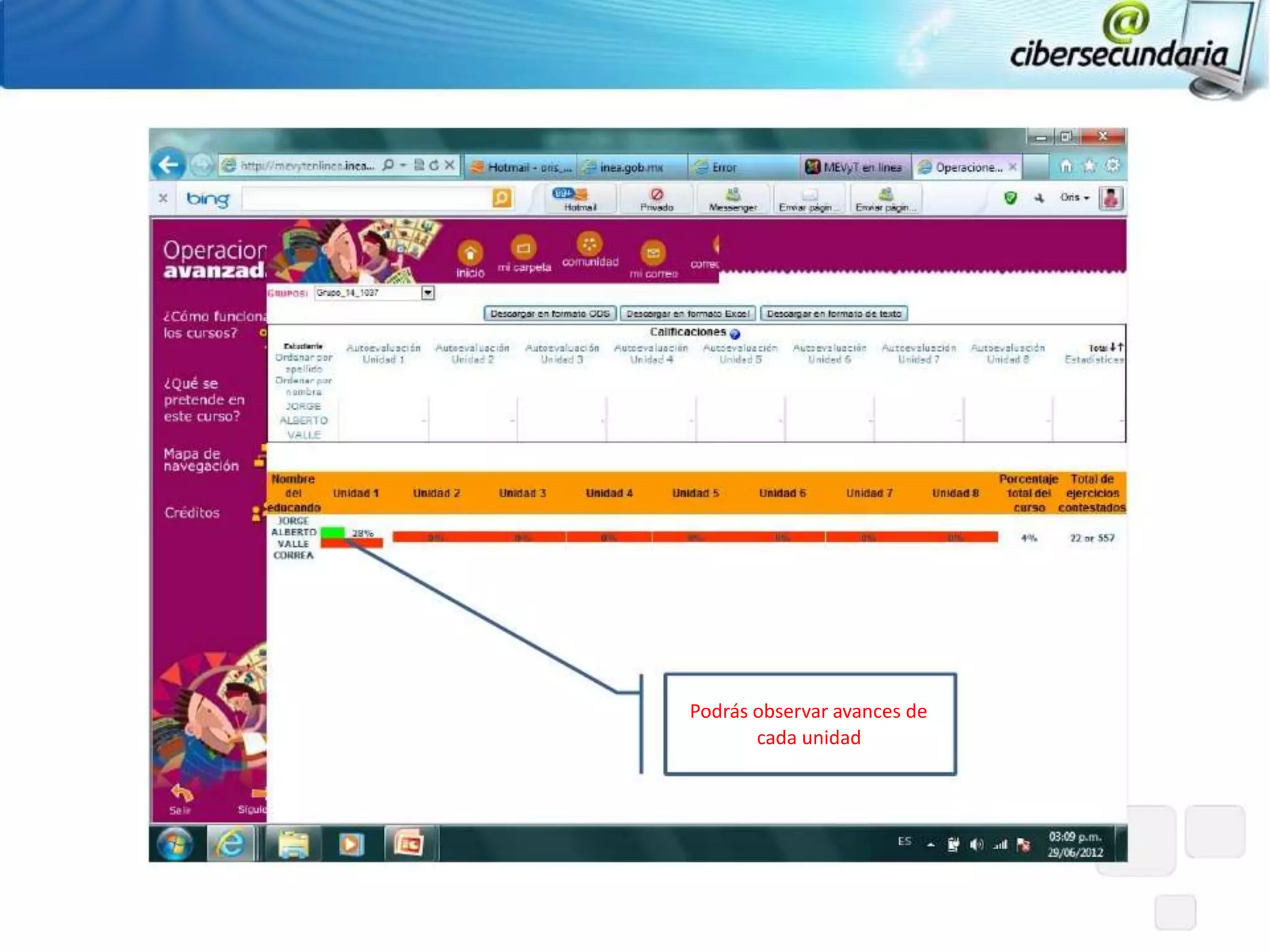 Podrás observar avances de
       cada unidad
 