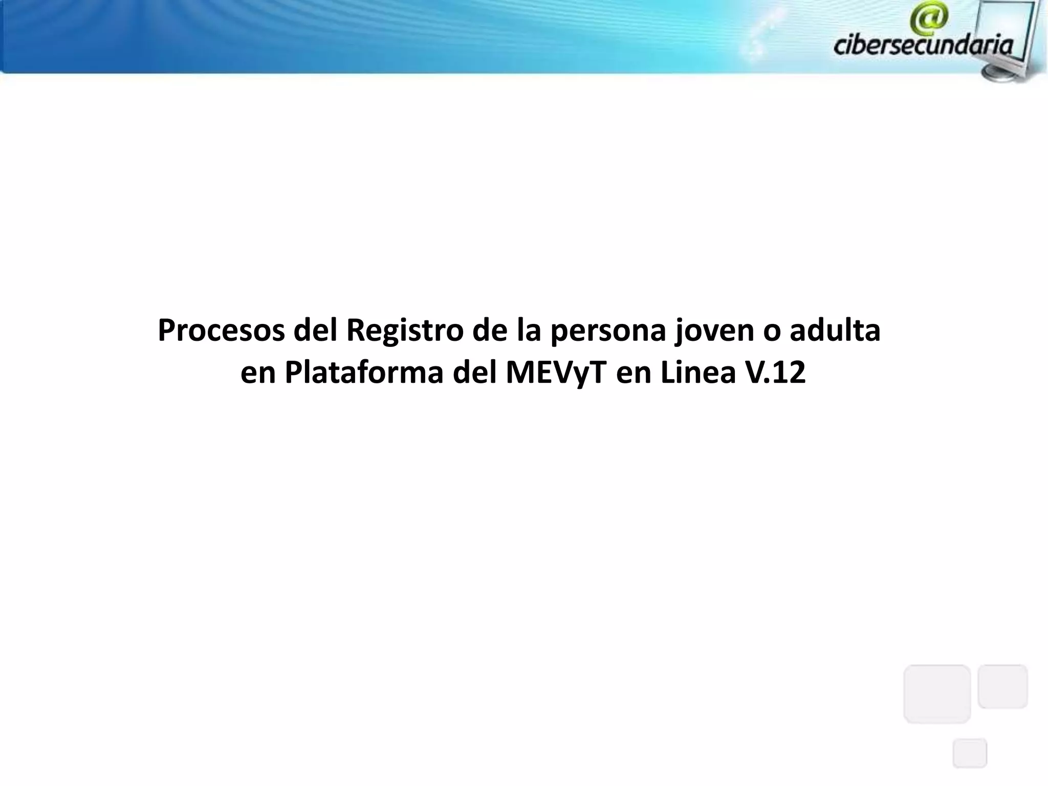 Procesos del Registro de la persona joven o adulta
     en Plataforma del MEVyT en Linea V.12
 