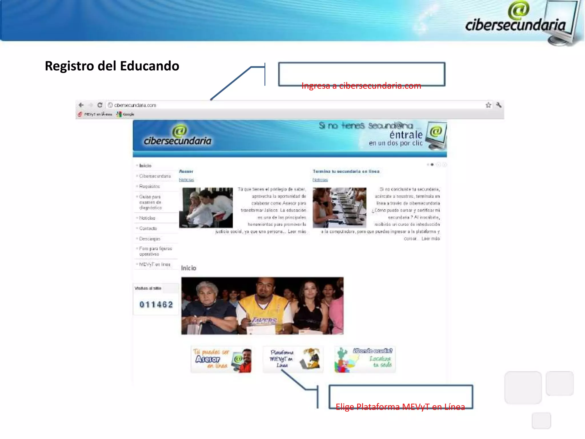 Registro del Educando
                        Ingresa a cibersecundaria.com




                                Elige Plataforma MEVyT en Línea
 