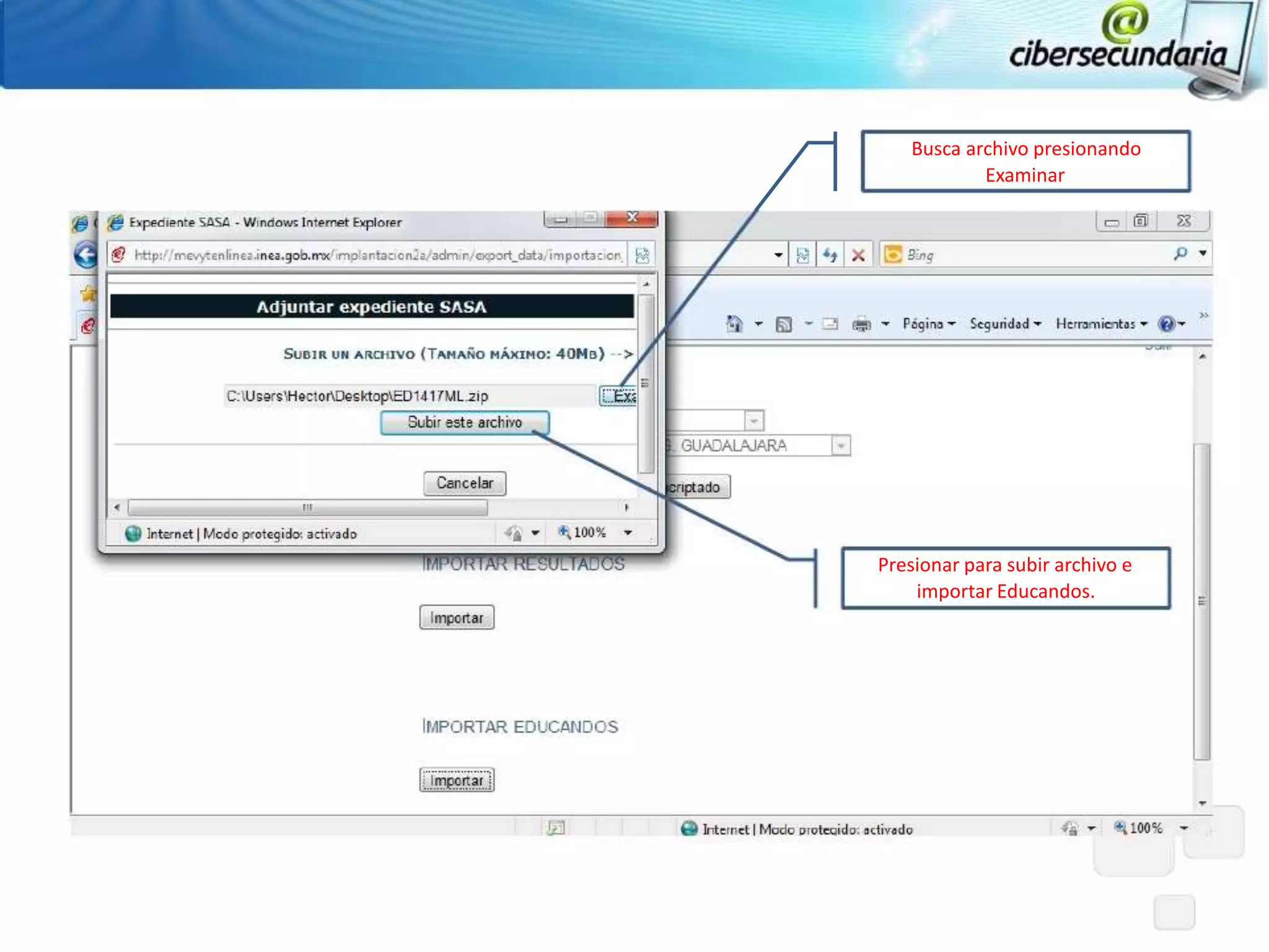 Busca archivo presionando
           Examinar




Presionar para subir archivo e
    importar Educandos.
 