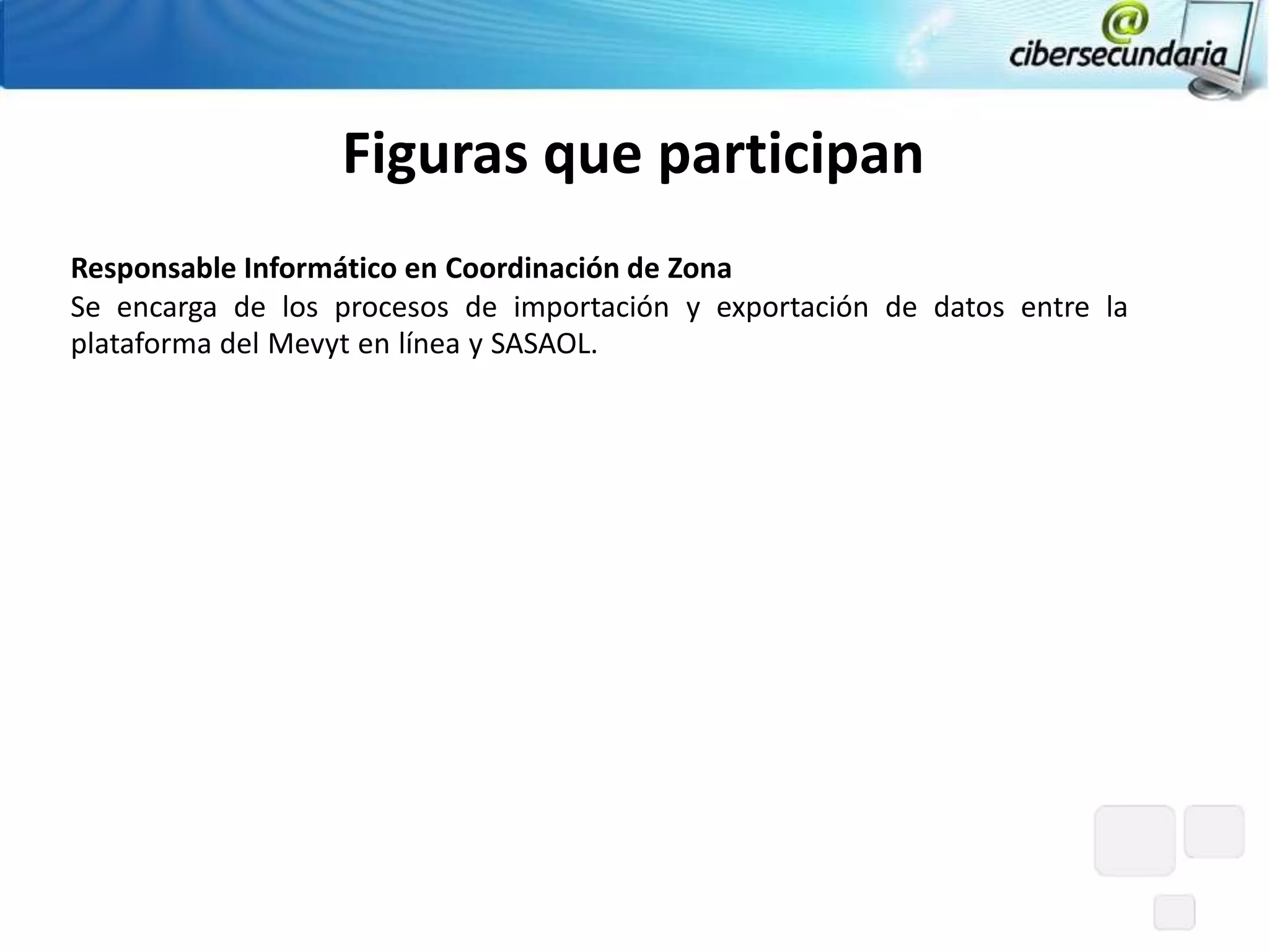 Figuras que participan
Responsable Informático en Coordinación de Zona
Se encarga de los procesos de importación y exportación de datos entre la
plataforma del Mevyt en línea y SASAOL.
 