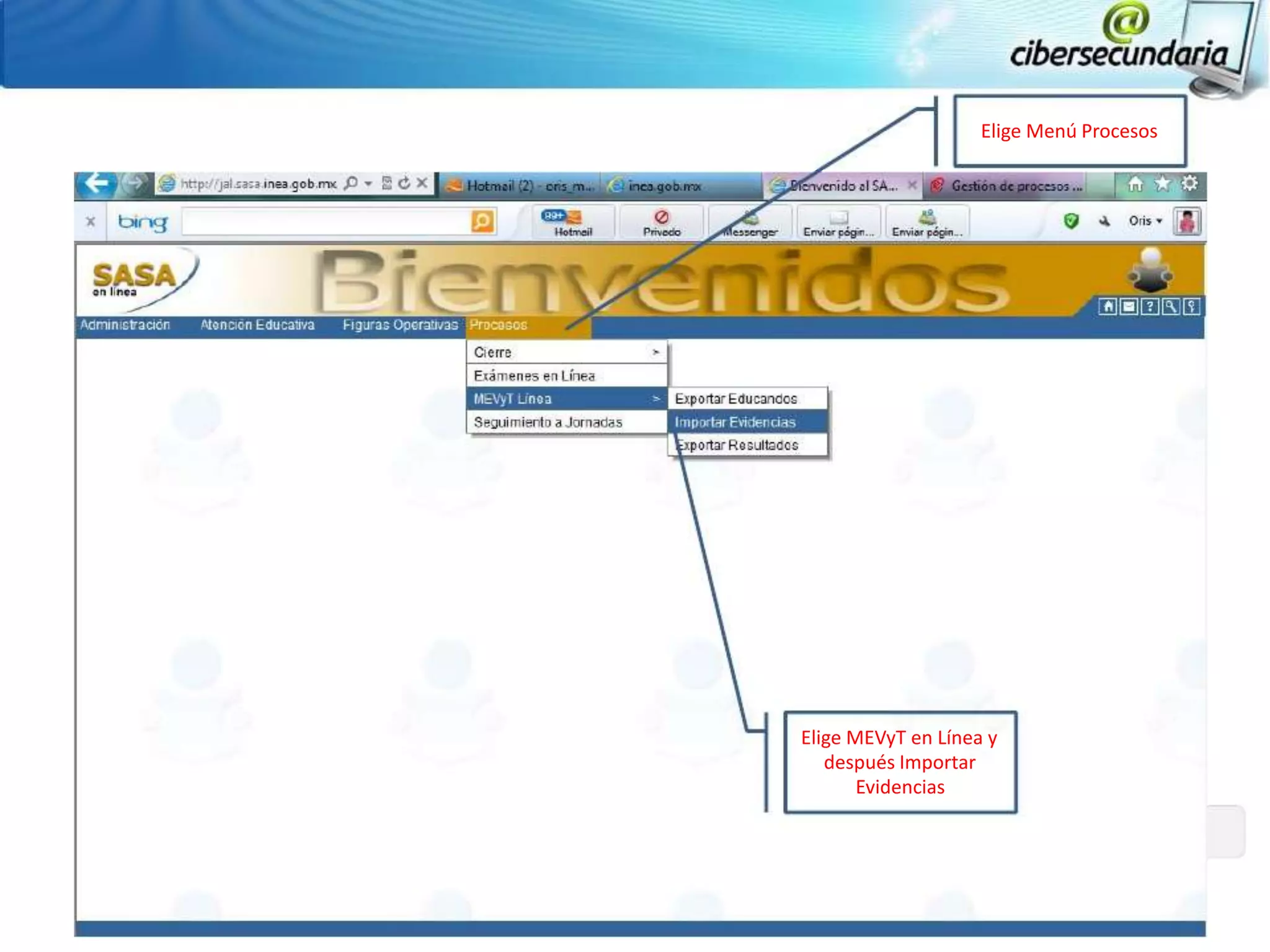 Elige Menú Procesos




Elige MEVyT en Línea y
   después Importar
       Evidencias
 