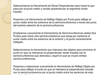 Seleccionamos la Herramienta de Recta Perpendicular para trazar la que
pasa por el punto medio y resulte perpendicular al segmento recién
trazado.


Pasamos a la Herramienta de Refleja Objeto por Punto para reflejar el
punto medio entre los extremos de la semicircunferencia a través del punto
del extremo derecho de la semicircunferencia.


Empleamos nuevamente la Herramienta de Semicircunferencia dados Dos
Puntos para trazar otra semicircunferencia que tenga por extremos el
punto medio entre los extremos de la anterior y el punto recientemente
reflejado.


Seleccionamos la herramienta que interseca dos objetos para encontrar el
punto en que se intersecan la perpendicular recién trazada con la
semicircunferencia que atraviesa y aquel en que se cruzan ambas
semicircunferencias.


Pasamos a seleccionar nuevamente la Herramienta de Refleja Objeto por
Punto para reflejar el punto en que se interseca la perpendicular trazada
con la semicircunferencia por el punto medio entre los extremos de esta
 