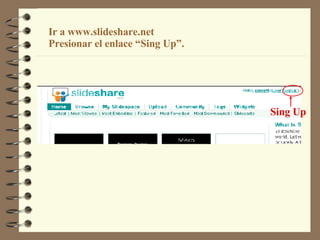 Sing Up Ir a www.slideshare.net Presionar el enlace “Sing Up”. 