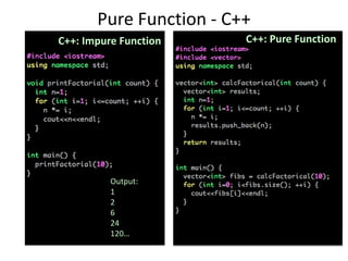 Pure Function - C++
C++: Impure Function     C++: Pure Function




          Output:
          1
          2
          6
          24
          120…
 