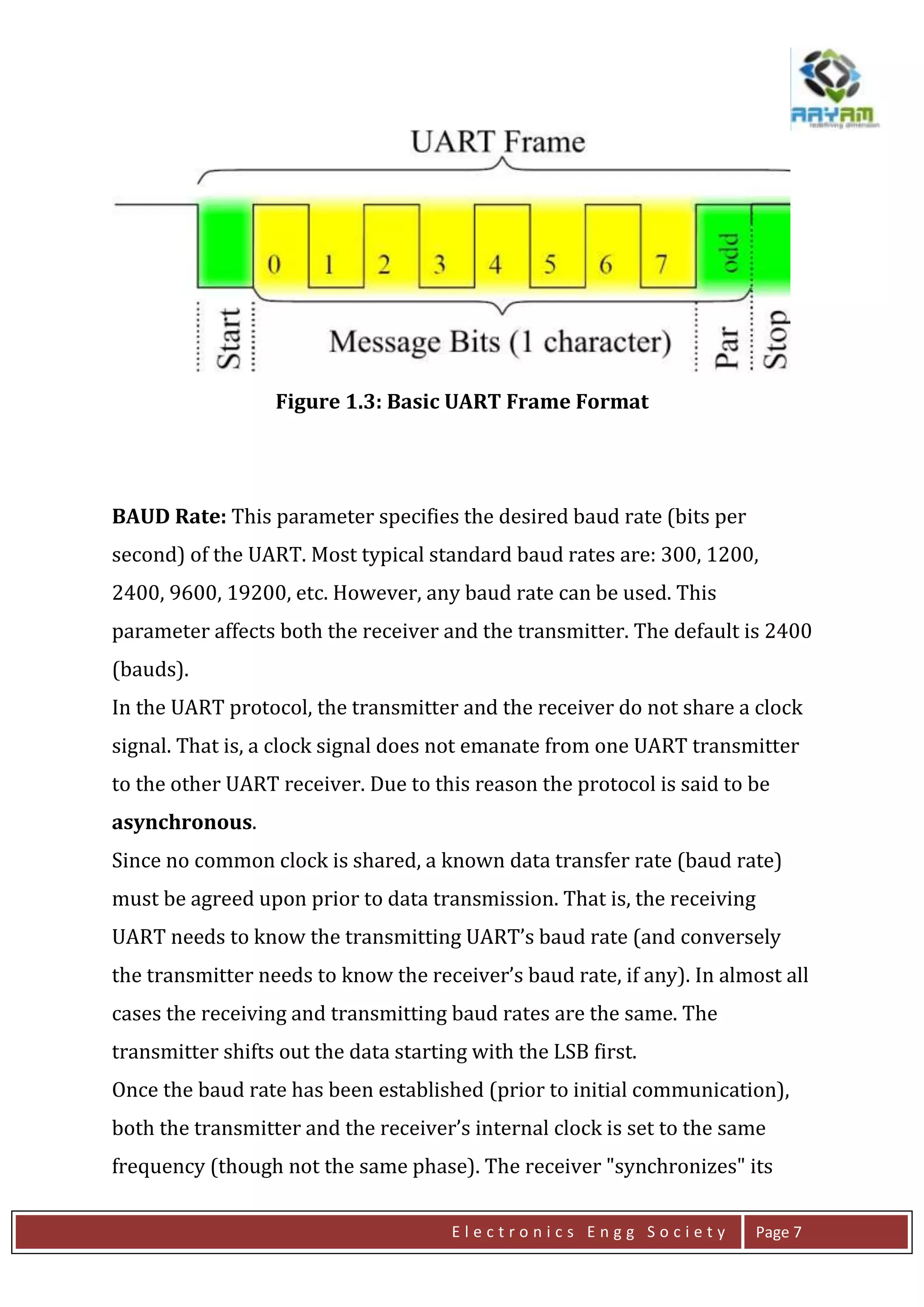 E l e c t r o n i c s E n g g S o c i e t y Page 7
Figure 1.3: Basic UART Frame Format
BAUD Rate: This parameter specifies the desired baud rate (bits per
second) of the UART. Most typical standard baud rates are: 300, 1200,
2400, 9600, 19200, etc. However, any baud rate can be used. This
parameter affects both the receiver and the transmitter. The default is 2400
(bauds).
In the UART protocol, the transmitter and the receiver do not share a clock
signal. That is, a clock signal does not emanate from one UART transmitter
to the other UART receiver. Due to this reason the protocol is said to be
asynchronous.
Since no common clock is shared, a known data transfer rate (baud rate)
must be agreed upon prior to data transmission. That is, the receiving
UART needs to know the transmitting UART’s baud rate (and conversely
the transmitter needs to know the receiver’s baud rate, if any). In almost all
cases the receiving and transmitting baud rates are the same. The
transmitter shifts out the data starting with the LSB first.
Once the baud rate has been established (prior to initial communication),
both the transmitter and the receiver’s internal clock is set to the same
frequency (though not the same phase). The receiver "synchronizes" its
 